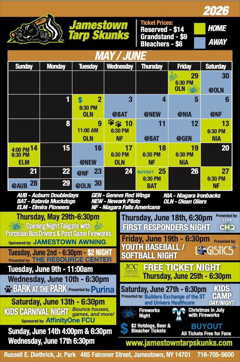 Jamestown Tarp Skunks May/June 2026 schedule flyer